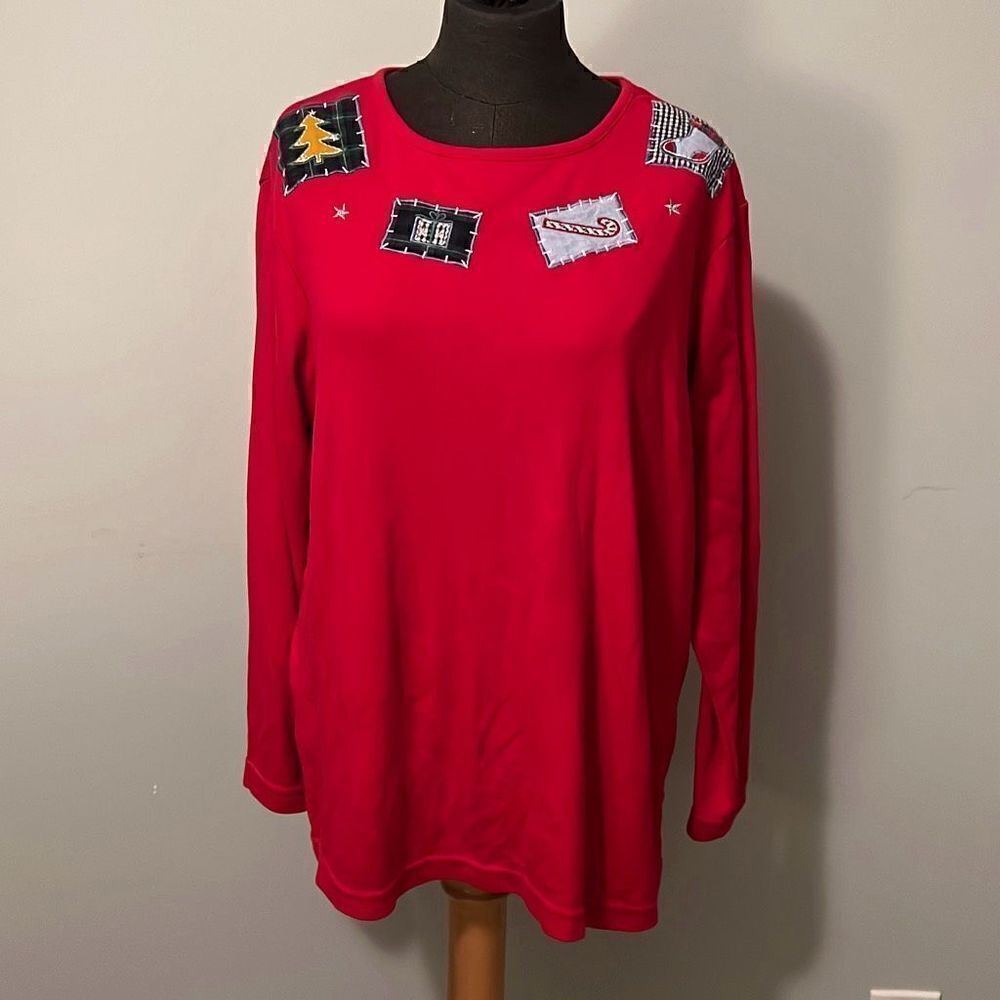 Boobie Brooks Women's Red Christmas Holiday Patches Top Long Sleeve 14W/16W